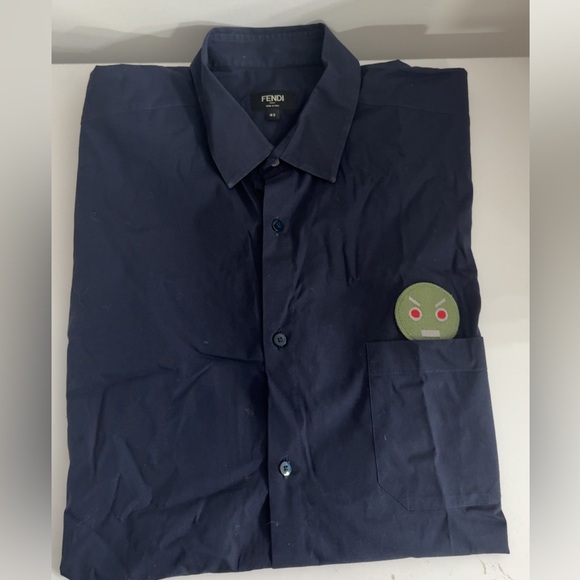 Fendi Men's Dark Blue Casual Shirt with Patch